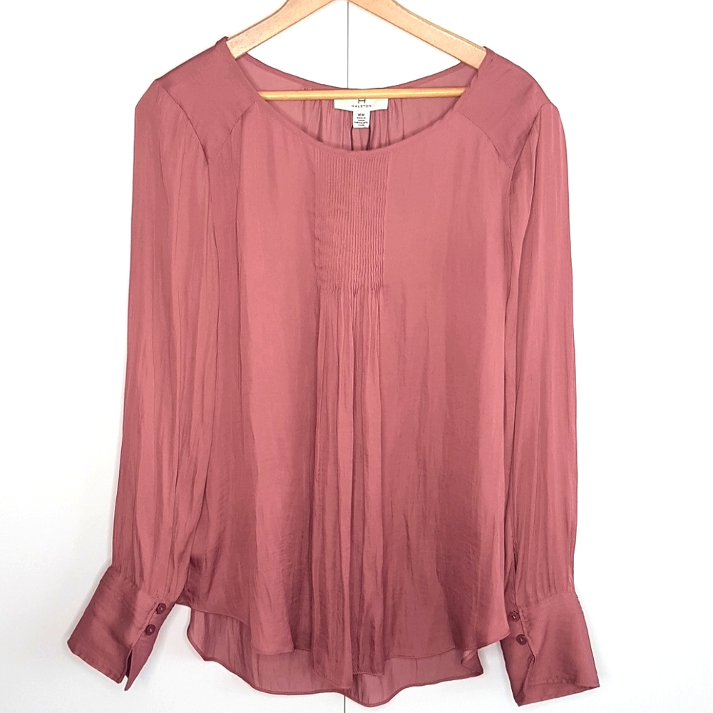 H by Halston Rose-Pink Long Sleeve Pleated Blouse
